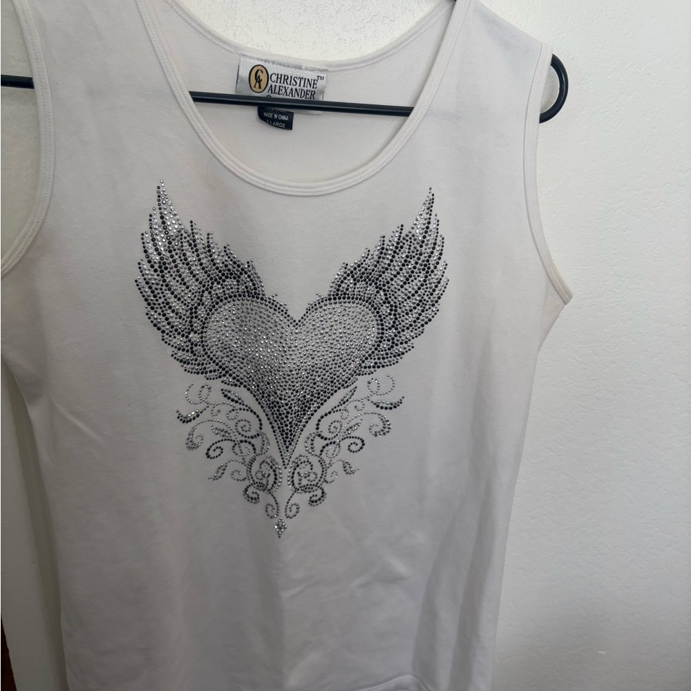 Christine Alexander White Tank Top with Rhinestone Winged Heart
